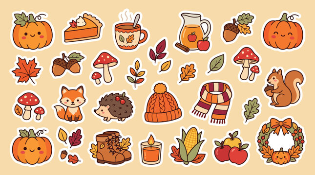 Cute Autumn Fall Sticker Set - Cozy Thanksgiving Harvest Vector Elements