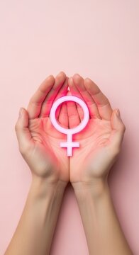 Hands holding a glowing female symbol representing menopause wellness. Soft pink background conveys a sense of calm and feminine support.