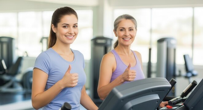 Mature woman and trainer exercising on treadmill showing thumbs up. Bright gym setting conveys positive menopause wellness and vitality.