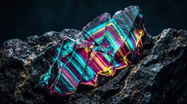 Iridescent Bismuth Crystal Specimen Embedded in Dark Raw Rock Matrix