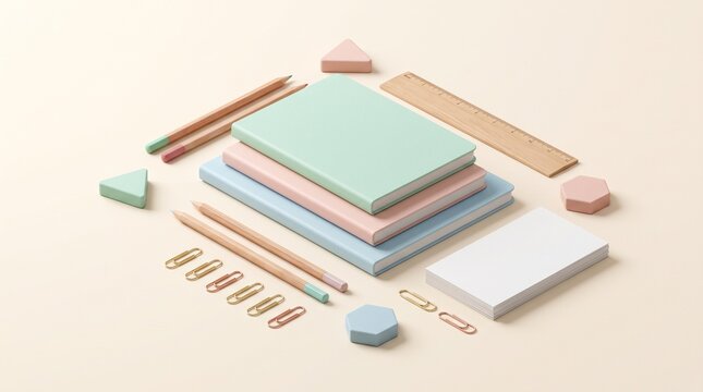 A collection of colorful pastel stationery items, notebooks, pencils, and geometric shapes arranged neatly on a soft background
