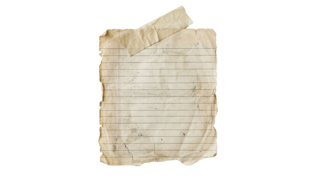 Old lined paper note with tape, vintage stationery scrapbooking element, isolated on transparent background