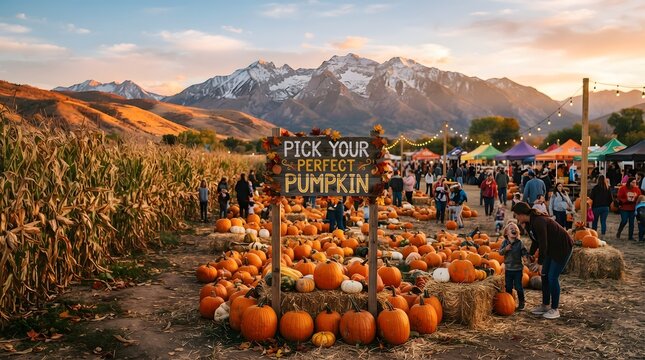 Family enjoying a festive pumpkin patch at sunset with scenic mountain views