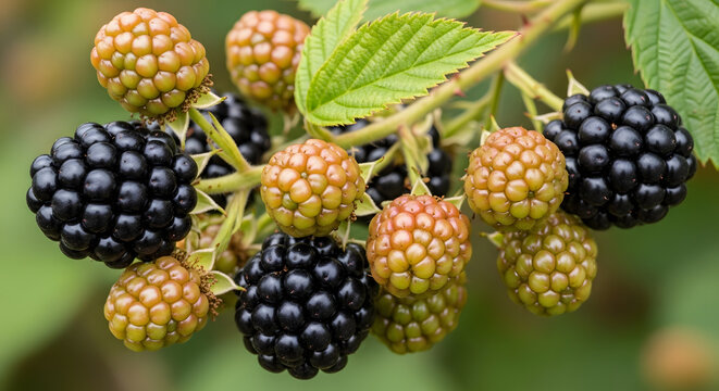 Fresh organic blackberries ripening on the vine in a summer garden