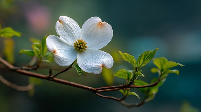 Delicate white dogwood blossom gracefully unfolds, displaying pristine petals against a blurred verdant springtime garden backdrop, representing renewal