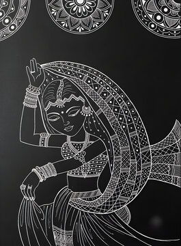 Traditional Indian Folk Art Drawing &ndash; White Ink Mandana & Rajasthani Dancing Woman Line Art on Black Paper
