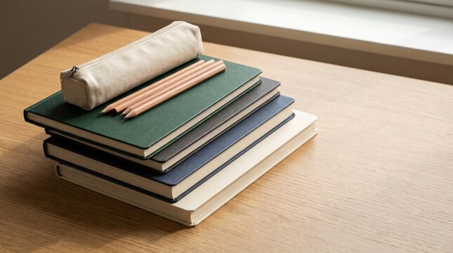A pencil case and sharpened pencils rest atop a stack of hardcover notebooks on a wooden desk, suggesting a study or work session
