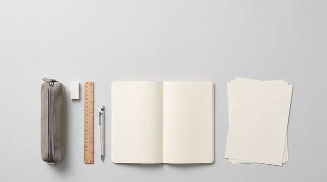 Flat lay of school and office supplies including an open notebook, a stack of paper, a pencil case, and a ruler on a light gray background