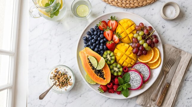 Colorful nutritious breakfast platter featuring fresh tropical fruits and berries arranged neatly on transparent background