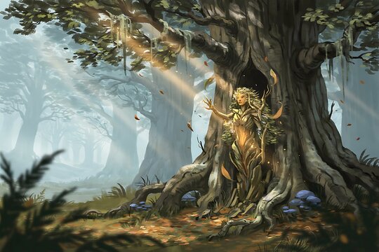 Magical Tree Dryad Spirit Awakening in Misty Sunlit Ancient Enchanted Forest