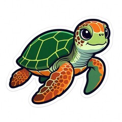 Fototapeta premium Cute cartoon sea turtle with green shell, orange flippers swims. Colorful reptile character big eyes, happy smile. Friendly aquatic animal illustration on white background. Vibrant marine life