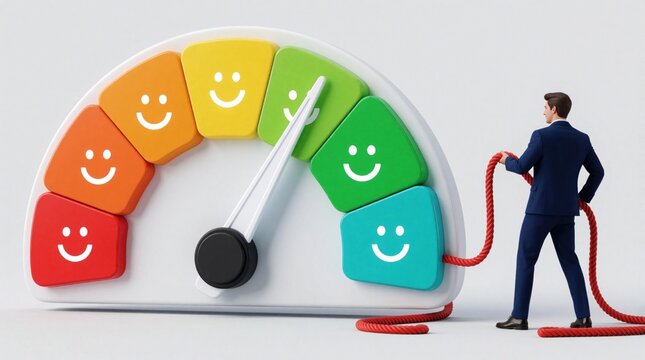 Man in suit pulls rope on satisfaction gauge moving needle to excellent rating. He pushes business performance meter towards success, aiming for top customer feedback and positive metrics.