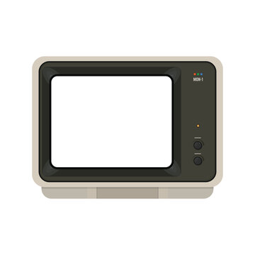 Old vintage vector computer CRT monitor on white background isolated. Authentic realistic 80s CRT monitor with white blank center for text. Vintage monitor TVs 1980s 1990s 2000s