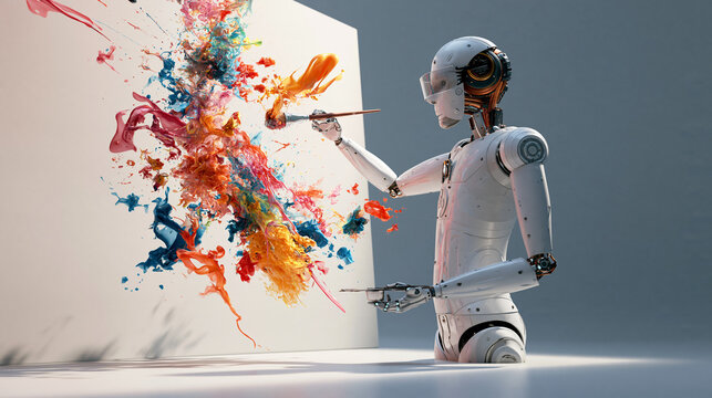 Futuristic humanoid robot painting masterpiece with colorful vibrant paint splashes
