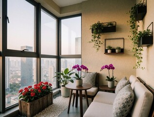 Obraz premium Modern city balcony offers a peaceful retreat with plants and flowers. Cozy seating area overlooks urban skyline with skyscrapers. Enjoy fresh air and scenic views from this elevated outdoor space.
