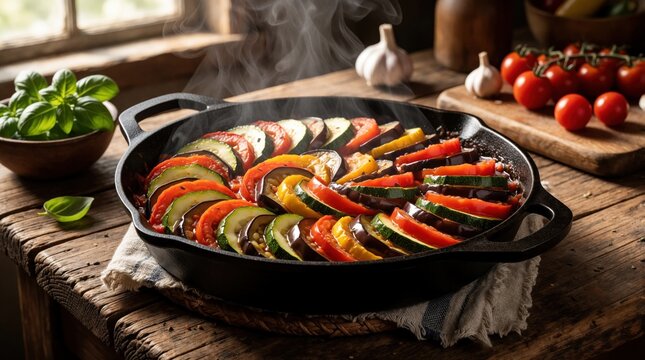 Hot steaming French ratatouille in black cast iron pan on rustic wooden table. Sliced zucchini, eggplant, tomatoes arranged in circle. Fresh basil, garlic, tomatoes nearby in cozy kitchen. Healthy