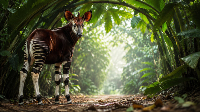 Rare endangered Okapi forest giraffe standing on trail in tropical rainforest jungle horizontal background for wildlife banner.