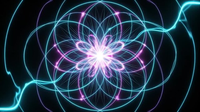 Abstract sacred geometry flower, glowing neon mandala animation, spiritual energy light patterns with electric blue and pink lines