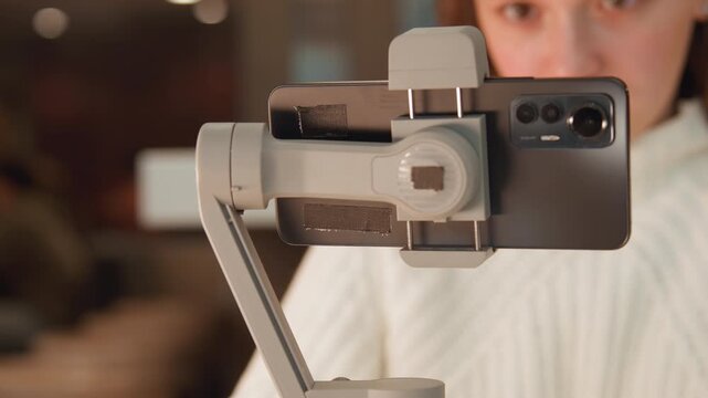 Close-up view of smartphone secured in gimbal clamp held by young woman who looks toward device with focused, mildly engaged expression; stabilizer arm and articulated joint in sharp foreground