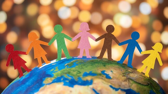 Diverse Paper Cutout People Holding Hands on Globe Representing Global Unity and Community
