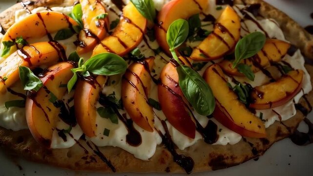 Grilled Peach Flatbread with Burrata, Basil, Balsamic Glaze, and Fresh Fruit