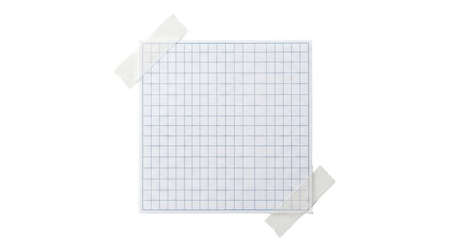 Square grid paper note mockup, adhesive tape memo pad element, isolated on transparent background