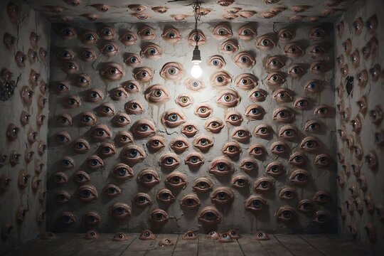Surreal Nightmare Room Walls Filled with Unblinking Eyeballs and Light
