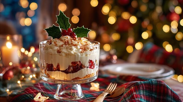 Festive trifle dessert in a glass bowl sits gracefully amid warm candlelight, conveying holiday cheer and delicious indulgence