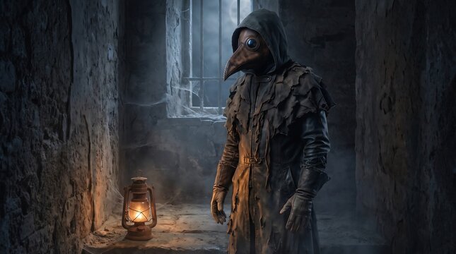 Halloween Costume in a Dark Plague Doctor Corridor