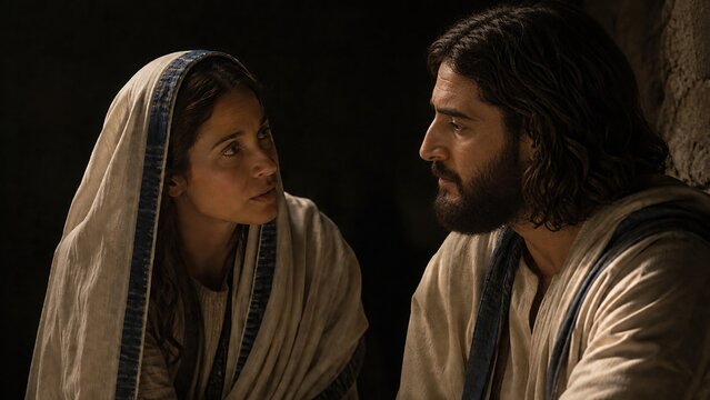 Woman and Jesus talking together at wedding feast in Cana of Galilee. Biblical scene of miracle when Christ turned water into wine. Christian faith and gospel story from Bible