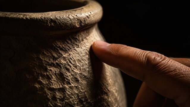 Hand touching ancient clay jar in darkness. Stone water vessel from wedding in Cana of Galilee where Jesus turned water into