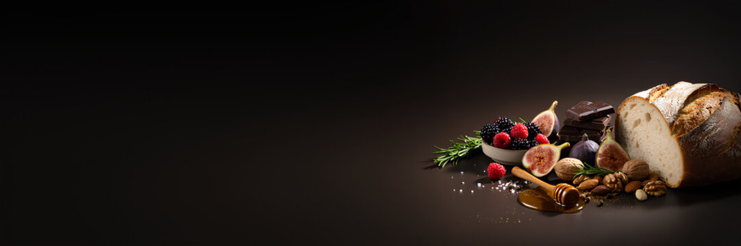 Artisanal Bread with Fresh Figs, Berries, and Honey on Dark Background