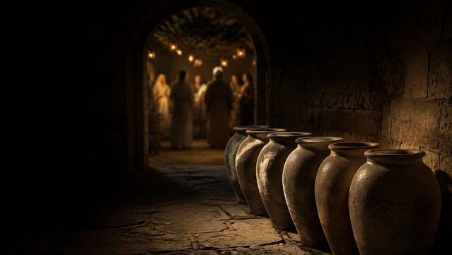 Ancient stone jars of water in dark cellar at wedding feast in Cana of Galilee. Biblical miracle of Jesus Christ turning water into