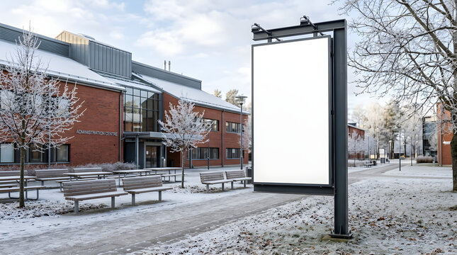 Blank vertical billboard mockup on a snowy campus in winter