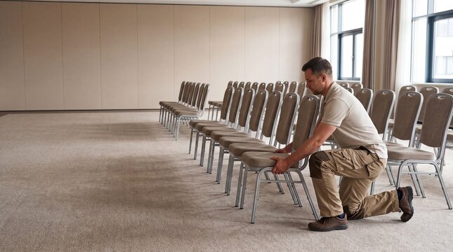 Worker aligning furniture in vacant convention center