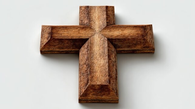 Rustic wooden cross rests serenely against a soft, neutral backdrop, symbolizing faith, devotion, and spiritual heritage