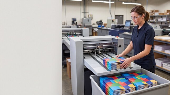 Factory employee stacking printed marketing materials