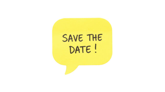 Speech bubble memo note, yellow wedding reminder badge, isolated on transparent background