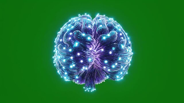 Glowing artificial intelligence brain with neural network activity on green screen.