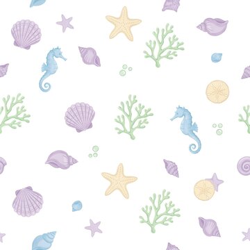 Repeating pattern of watercolor seashells and sea life on a white background