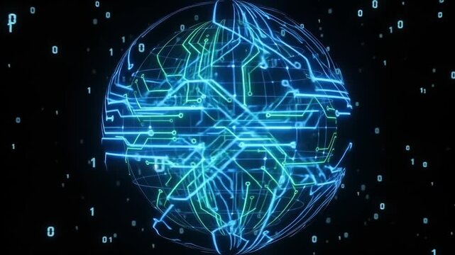 Futuristic digital globe with glowing circuit lines, blue binary code data sphere, high-tech network connectivity background for cyber security