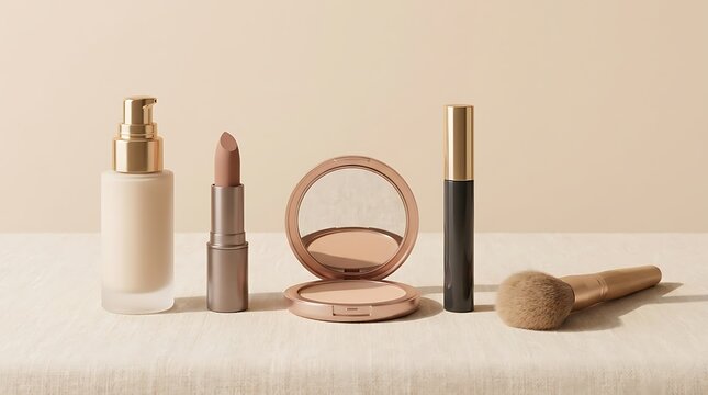 Set of cosmetic makeup products including foundation lipstick powder and a makeup brush. makeup combo offers