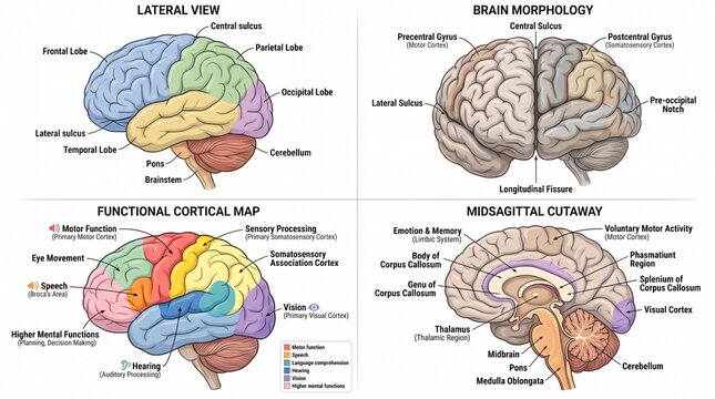 Human brain anatomy diagram showing functional areas and morphology
