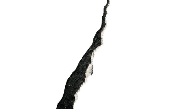 Vertical fracture line splits a plain transparent background with deep shadows.