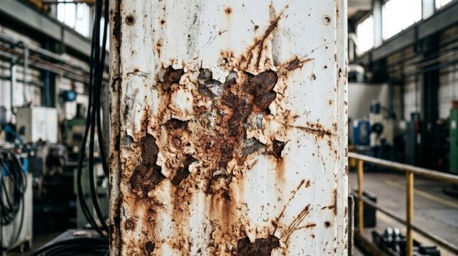 A close-up shot of an industrial surface displays peeling white paint over a heavy rust texture metal background, showcasing deep corrosion inside a factory setting