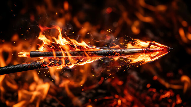 Sharp metallic arrow tip engulfed in intense bright orange flames with ignition projectile combustion adventure medieval equipment