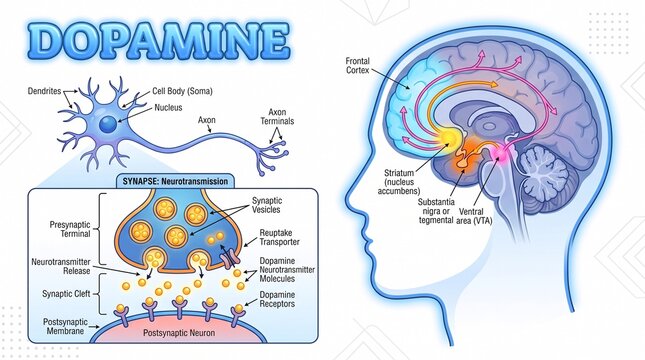Educational diagram of dopamine neurotransmission and brain pathways