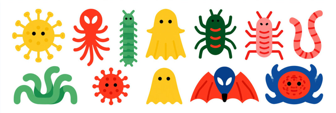 Colorful cartoon creatures including a virus, octopus, insects, and worms.