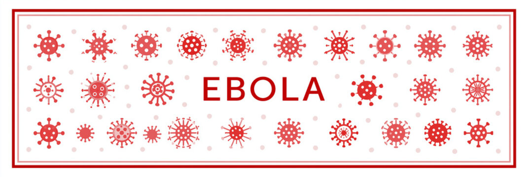 Illustration of Ebola virus with red accents and bold text.