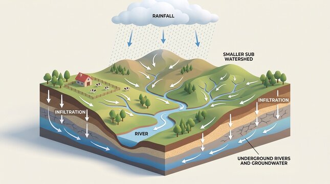 Isometric 3d diagram showing water cycle and watershed system
